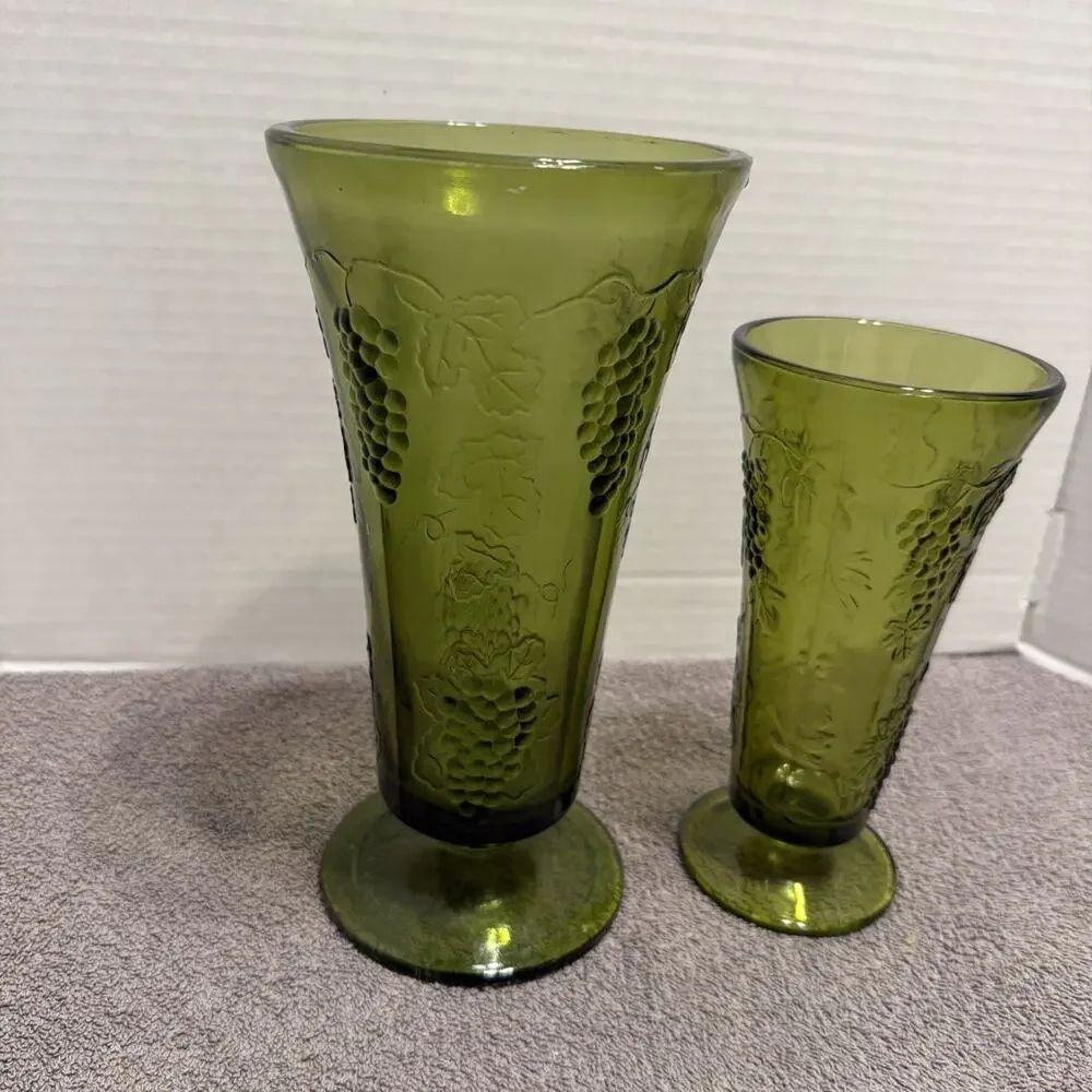 2 Vintage Green Glass Grape Pattern Vases Textured Decorative, Footed Flared top